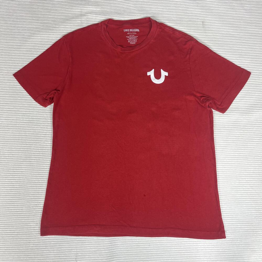 True Religion Shirt Mens M Red Horseshoe Logo Graphic Tee Brand Jeans Back